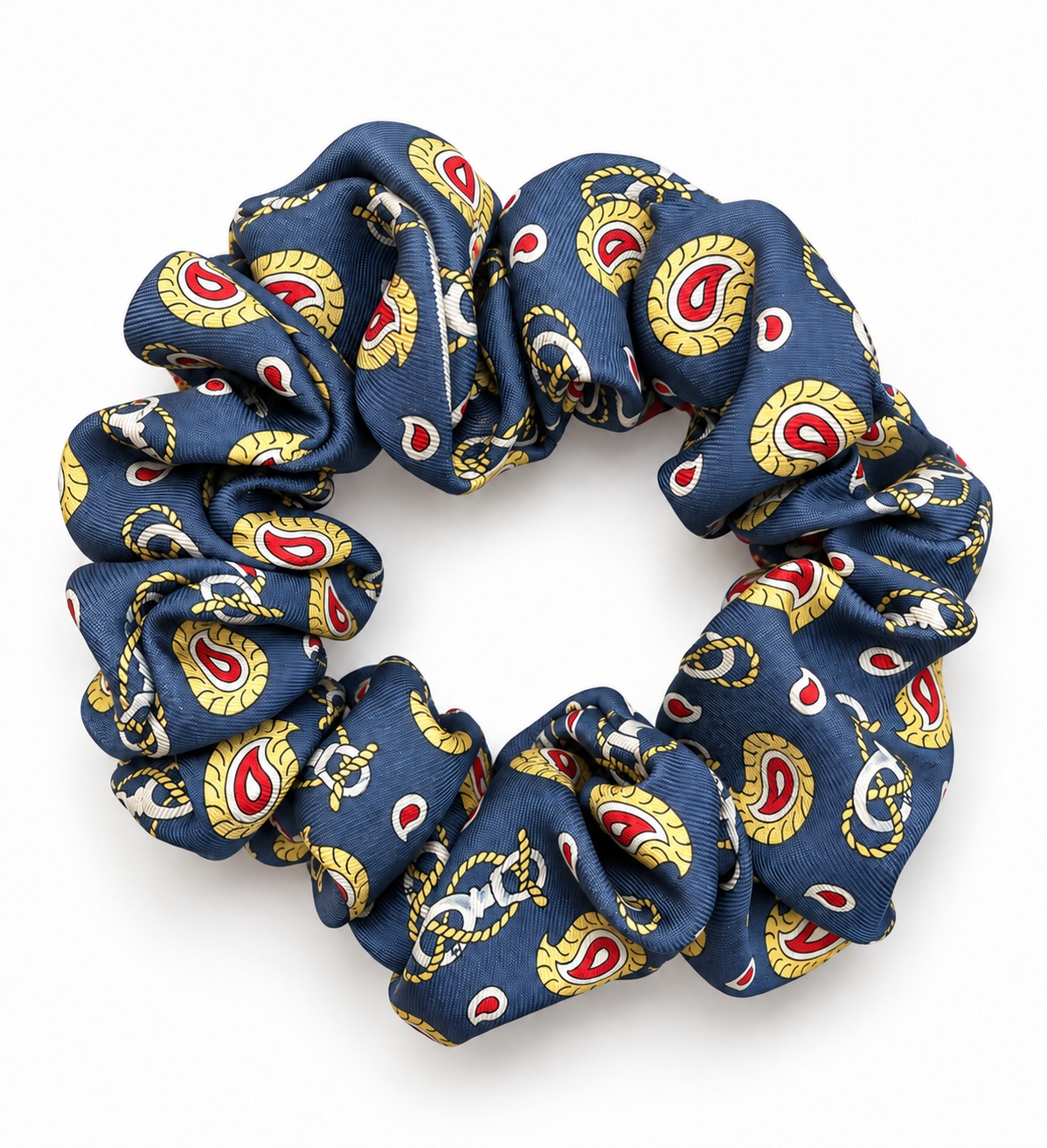 Navy Ruby Paisley tamnoplava svilena gumica za kosu sa zlatnim i crvenim ornamentima